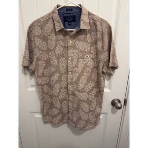 Even Tide Mens Pineapple Print Short Sleeve Button Down Shirt Tan Size L Regular